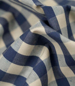 Close-up detail of blue and ivory small gingham fabric showing the fine weave, soft texture and classic checked pattern.