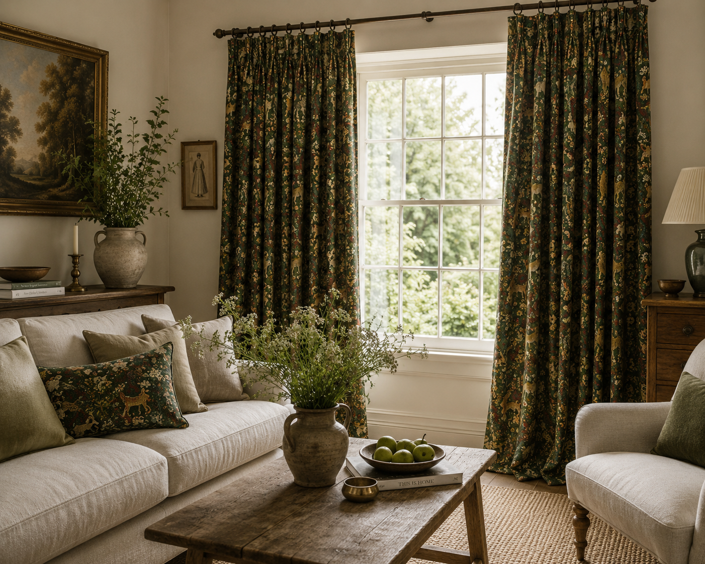 An elegant English country interior with full-length curtains made from dark green tapestry-style fabric featuring woodland animals and floral motifs. Warm daylight streams through a large sash window, illuminating soft neutral seating, rustic oak furniture, woven textures and botanical styling. The room feels calm, layered and timeless with realistic textile drape and heritage-inspired detailing.