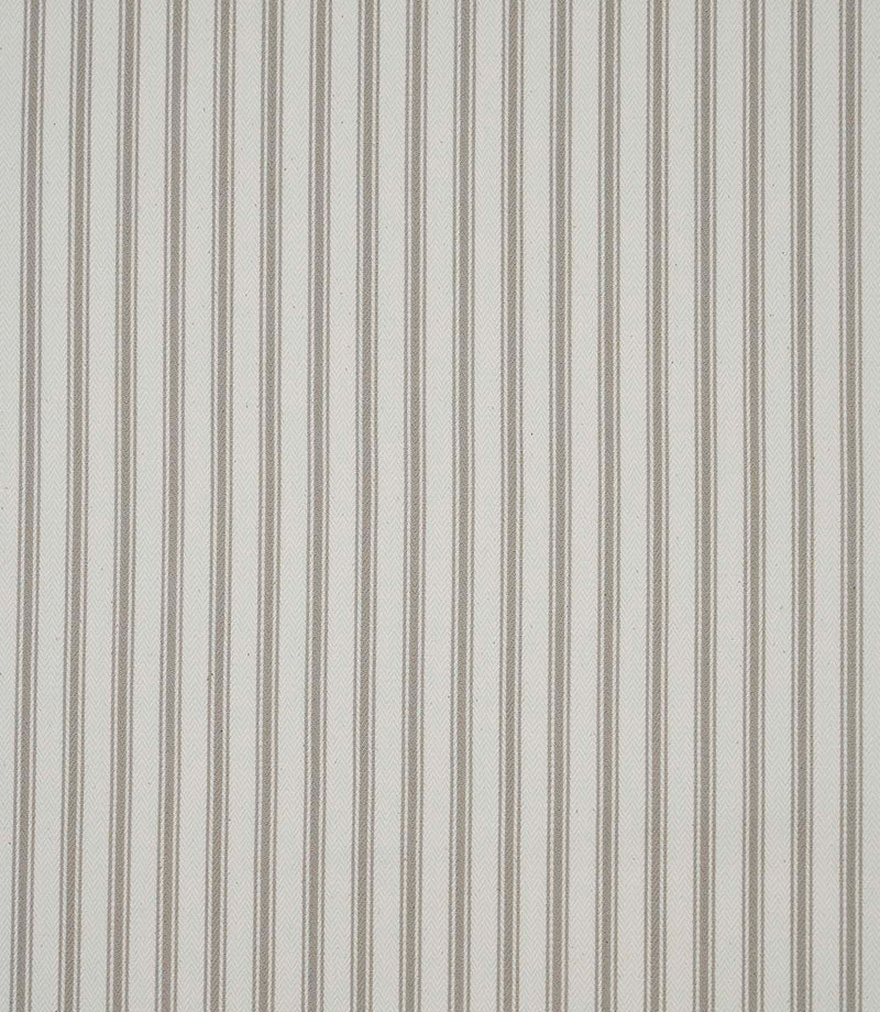 Beige ticking stripe fabric with fine vertical stripes on an ivory background and a subtle woven herringbone texture.