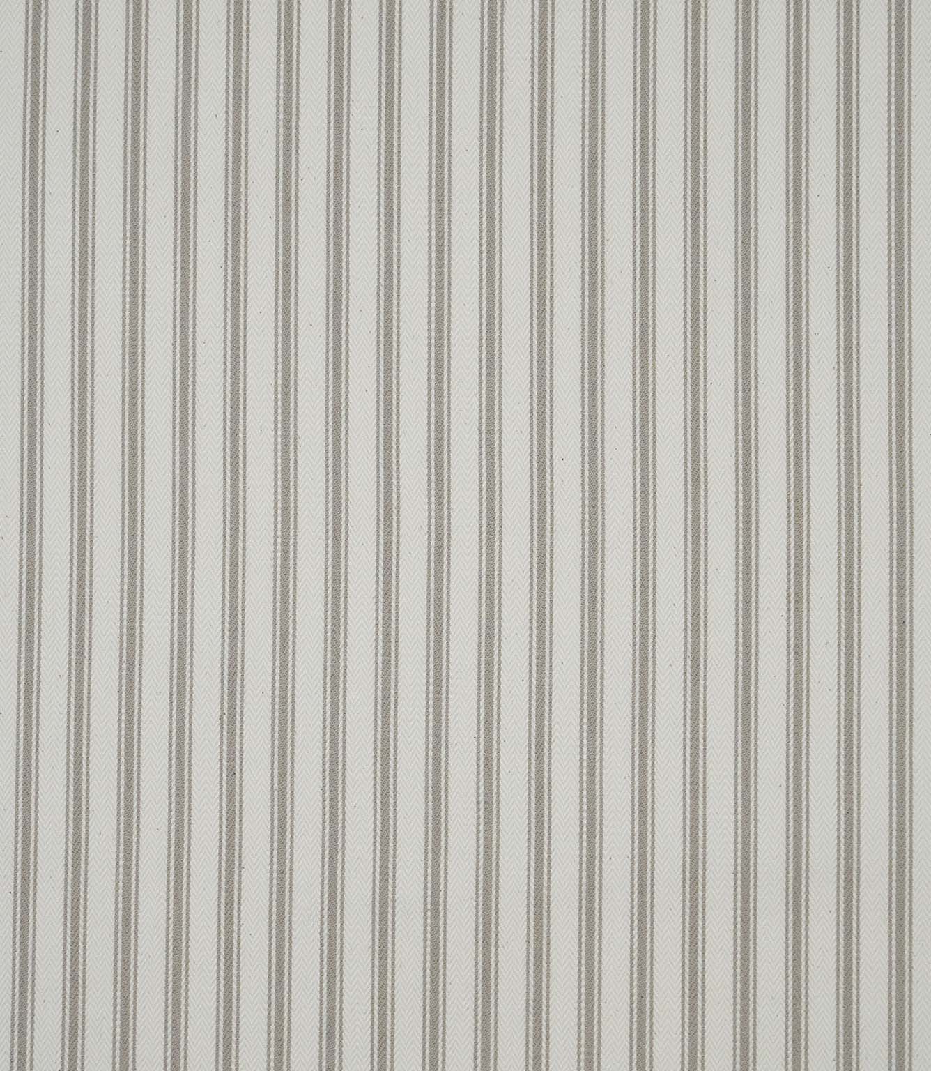 Beige ticking stripe fabric with fine vertical stripes on an ivory background and a subtle woven herringbone texture.
