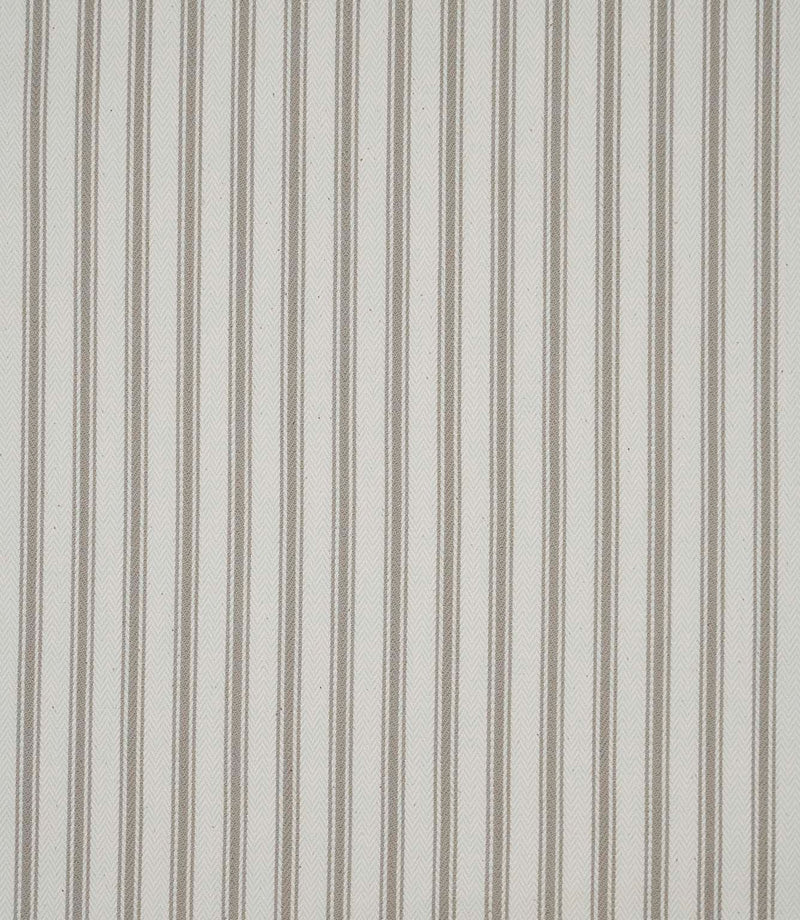 Close-up of beige ticking stripe fabric highlighting the delicate woven stripes and classic herringbone weave.