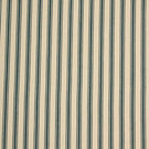 Classic indigo ticking stripe fabric with narrow blue stripes on a warm ivory background, featuring a subtle herringbone weave for a timeless country style.