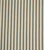 Classic indigo ticking stripe fabric with narrow blue stripes on a warm ivory background, featuring a subtle herringbone weave for a timeless country style.