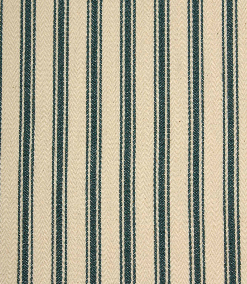 Close-up of indigo striped ticking fabric highlighting the textured woven finish, fine stripe detailing, and soft ivory base.