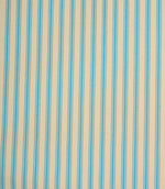 Ivory herringbone ticking stripe fabric with narrow Pacific blue woven stripes in a classic vertical design.