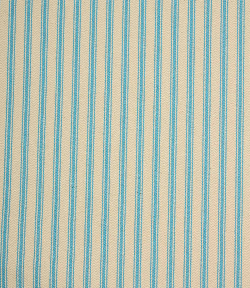 Ivory herringbone ticking stripe fabric with narrow Pacific blue woven stripes in a classic vertical design.