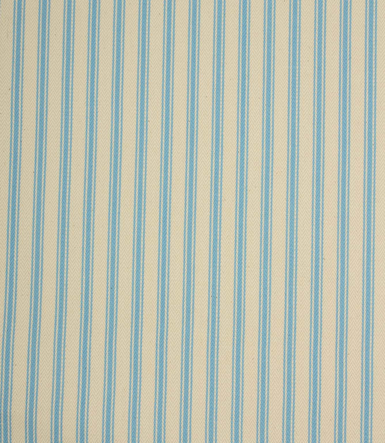 Ivory herringbone ticking stripe fabric with narrow Pacific blue woven stripes in a classic vertical design.