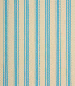 Close-up of ivory herringbone weave fabric featuring fine Pacific blue ticking stripes and textured detailing.