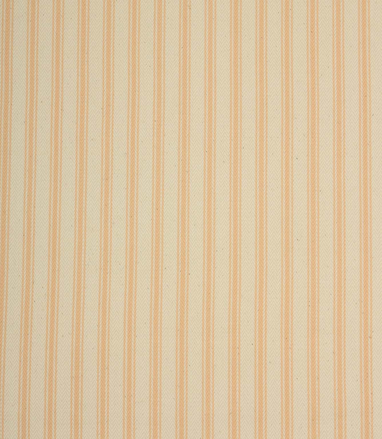 Ivory herringbone ticking stripe fabric with soft peach woven stripes in a classic vertical design.