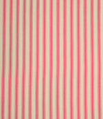 Ivory herringbone ticking stripe fabric with vibrant petunia pink woven stripes in a classic vertical design.