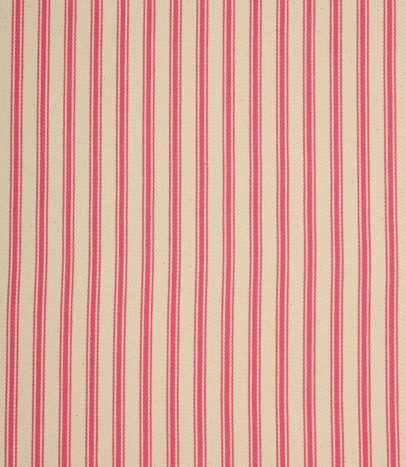 Ivory herringbone ticking stripe fabric with vibrant petunia pink woven stripes in a classic vertical design.