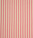 Ivory herringbone ticking stripe fabric with vibrant petunia pink woven stripes in a classic vertical design.