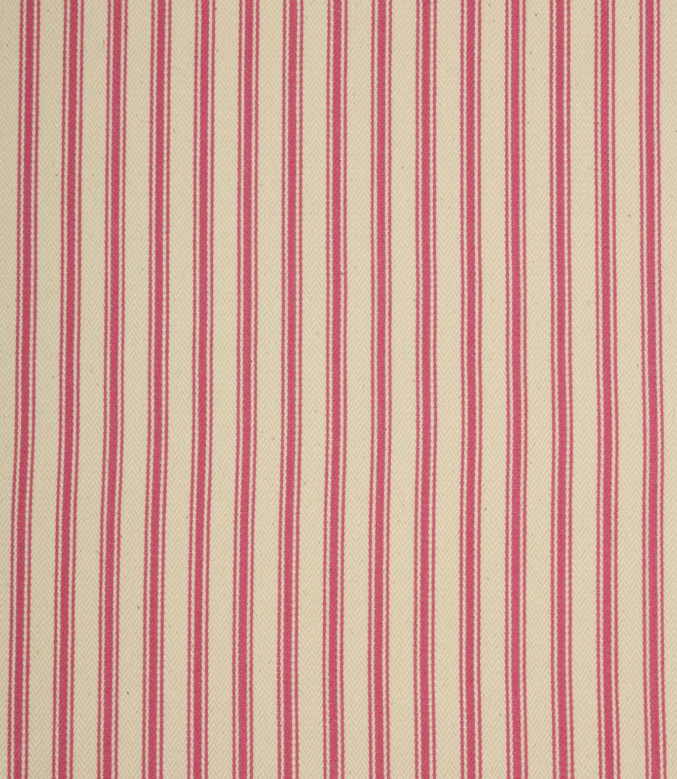 Ivory herringbone ticking stripe fabric with vibrant petunia pink woven stripes in a classic vertical design.