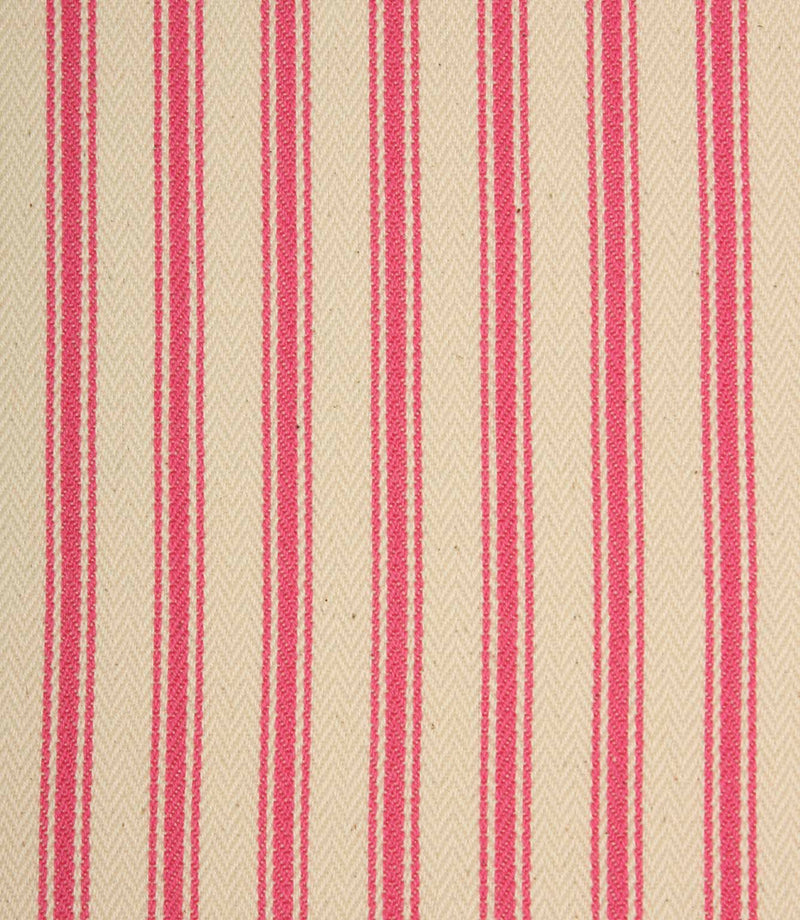 Close-up of ivory herringbone weave fabric featuring bold petunia pink ticking stripes and textured detailing.