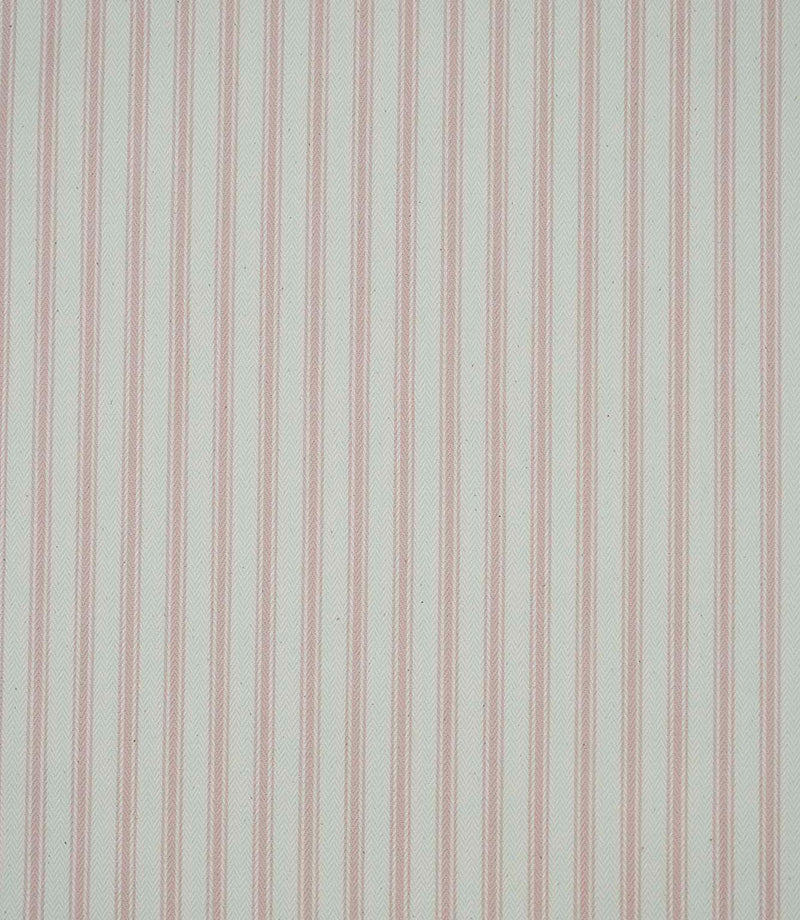 Pink ticking stripe fabric with fine vertical stripes on an ivory background and a subtle woven herringbone texture.