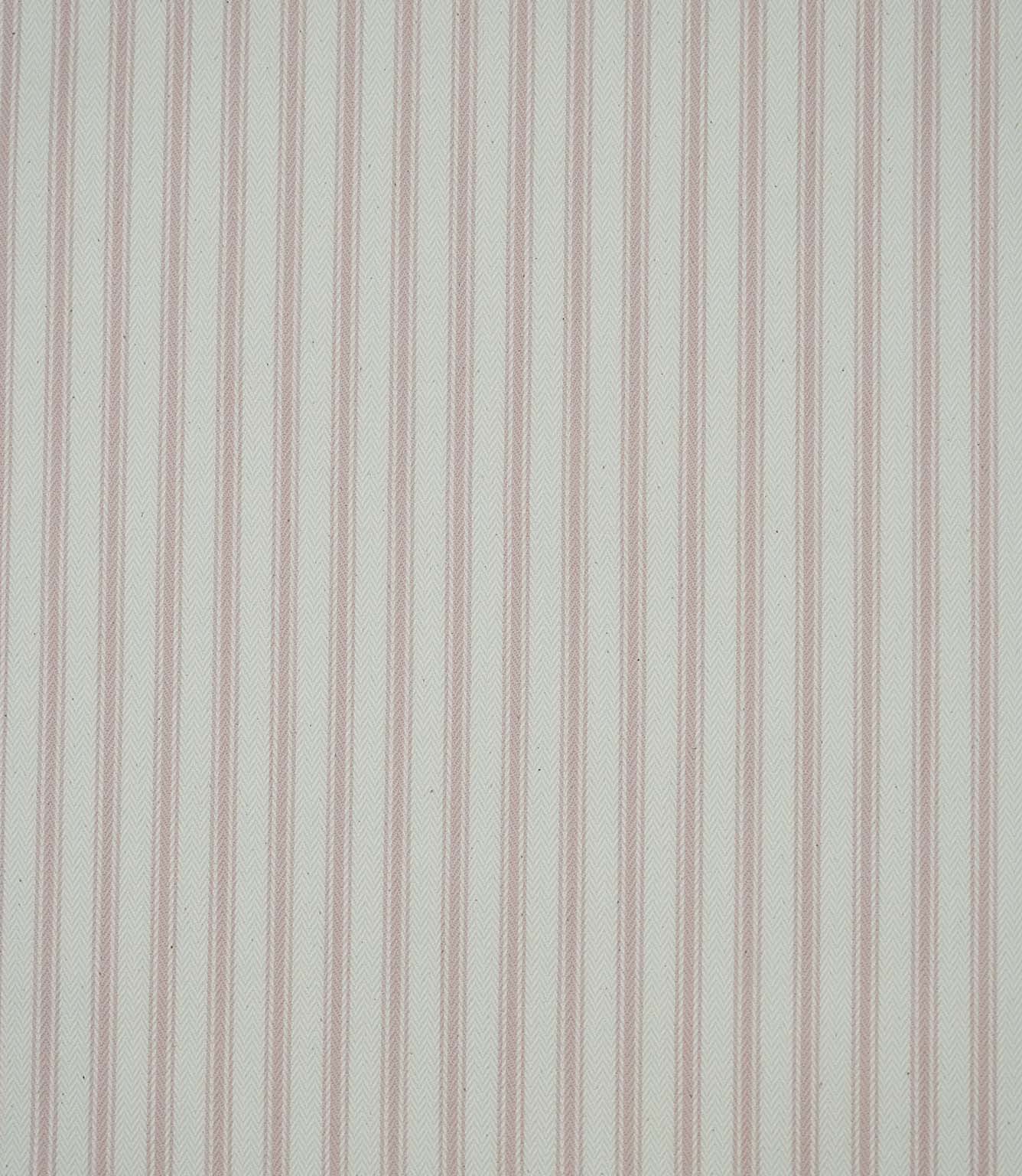 Pink ticking stripe fabric with fine vertical stripes on an ivory background and a subtle woven herringbone texture.