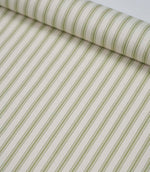 Rolled sage green ticking stripe fabric highlighting the classic striped design and subtle woven herringbone texture.