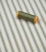 Sap green ticking stripe fabric with matching green thread, ideal for upholstery, curtains, blinds and sewing projects.