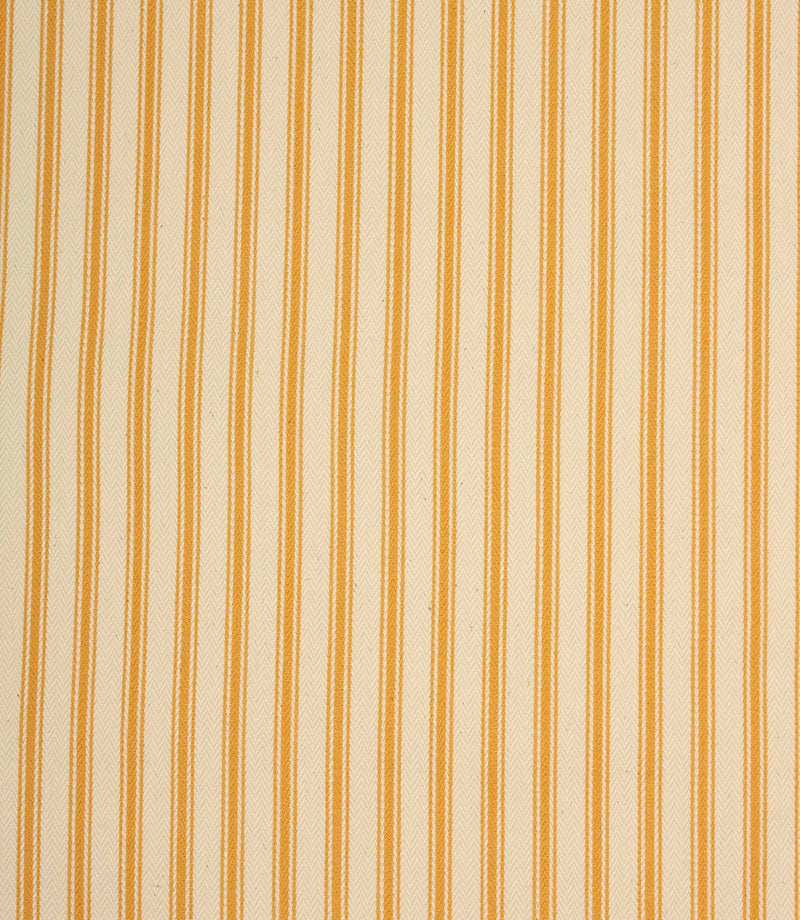 Ivory herringbone ticking stripe fabric with warm turmeric yellow woven stripes in a classic vertical pattern.