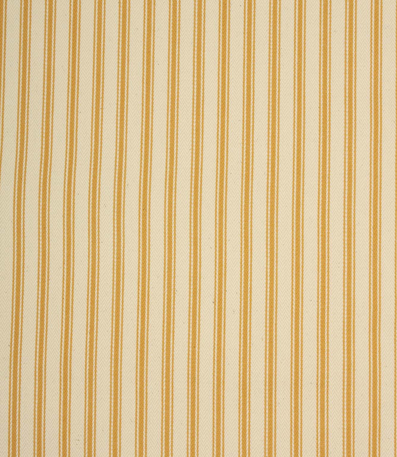Ivory herringbone ticking stripe fabric with warm turmeric yellow woven stripes in a classic vertical pattern.