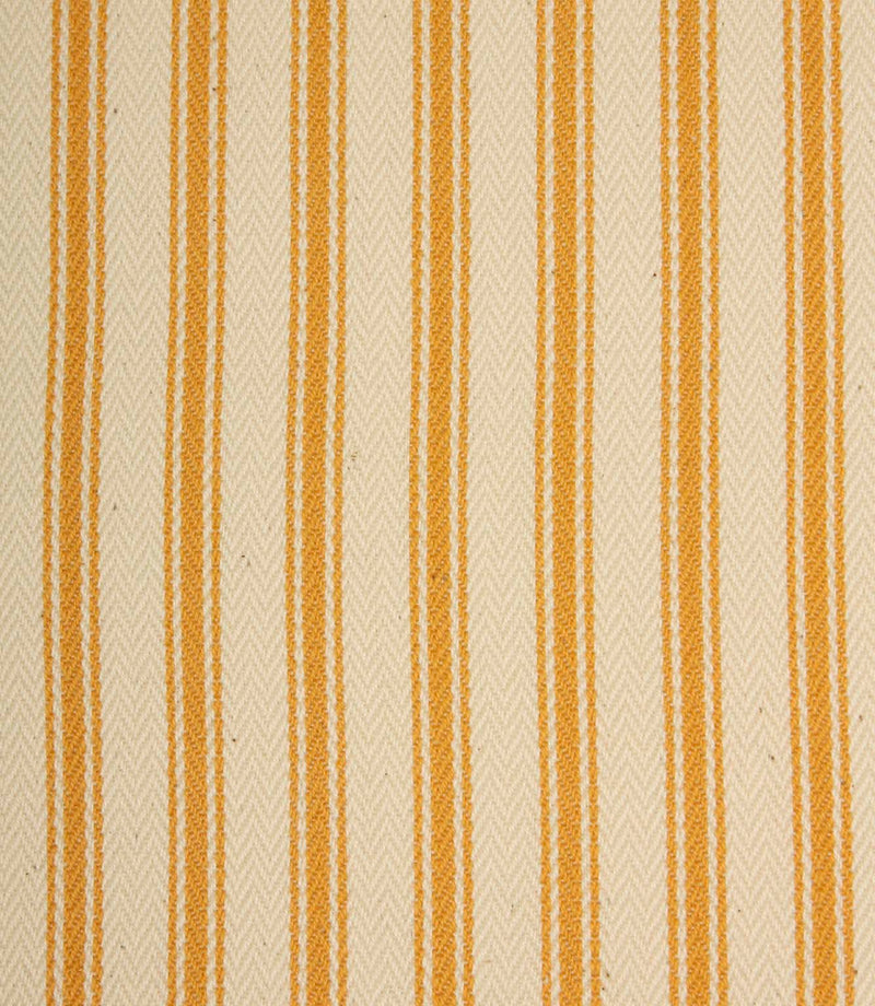 Close-up of ivory herringbone weave fabric featuring fine turmeric yellow ticking stripes and textured detailing.