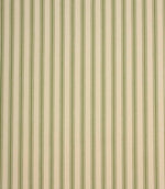 Ivory herringbone ticking stripe fabric with warm green woven stripes in a classic vertical design.