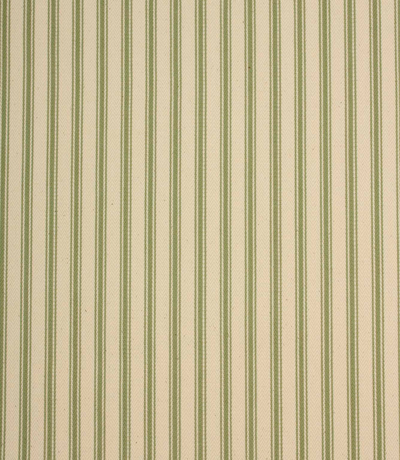 Ivory herringbone ticking stripe fabric with warm green woven stripes in a classic vertical design.