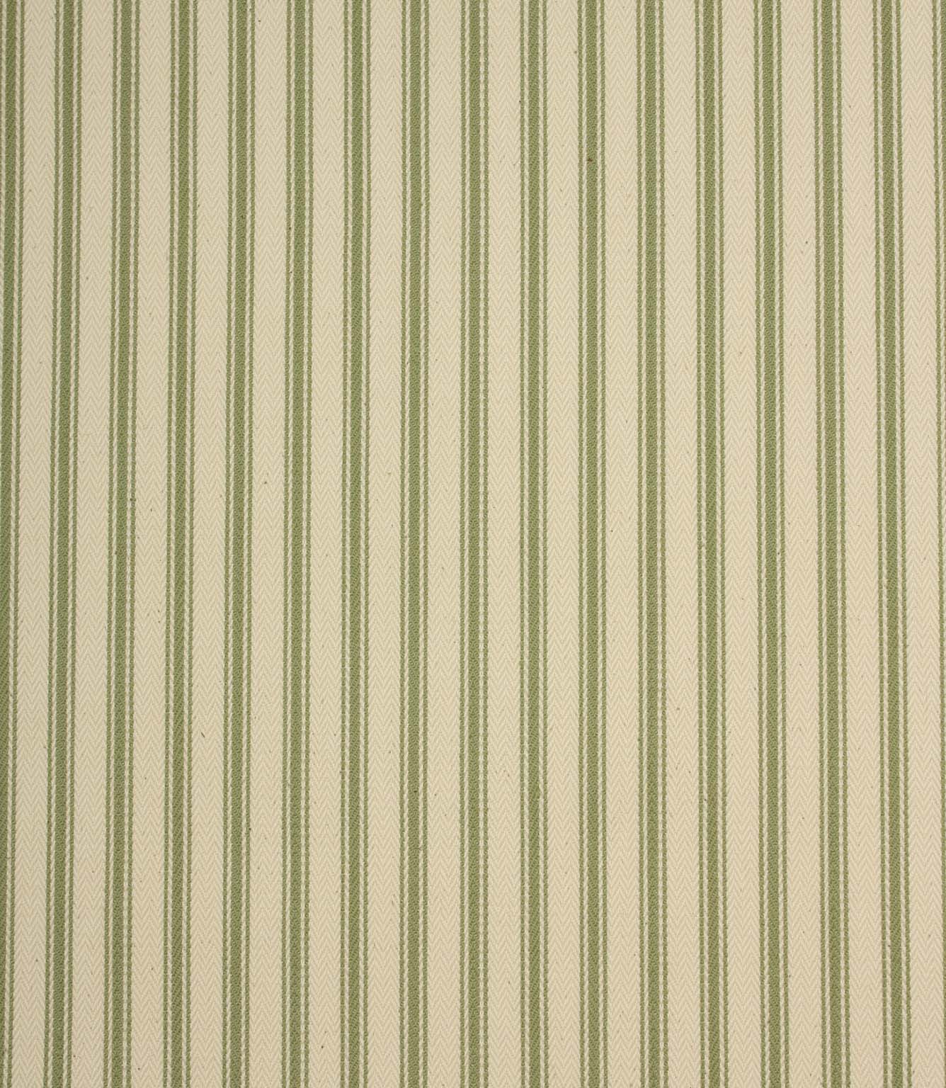 Ivory herringbone ticking stripe fabric with warm green woven stripes in a classic vertical design.