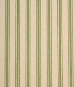 Close-up of ivory herringbone weave fabric featuring soft warm green ticking stripes and textured detailing.