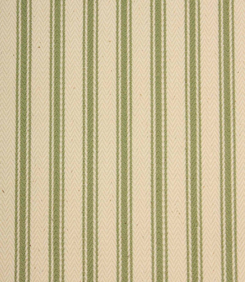 Close-up of ivory herringbone weave fabric featuring soft warm green ticking stripes and textured detailing.