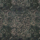 Green Keshan tapestry upholstery fabric with an all-over distressed Persian-style pattern in rich green, black and beige tones.