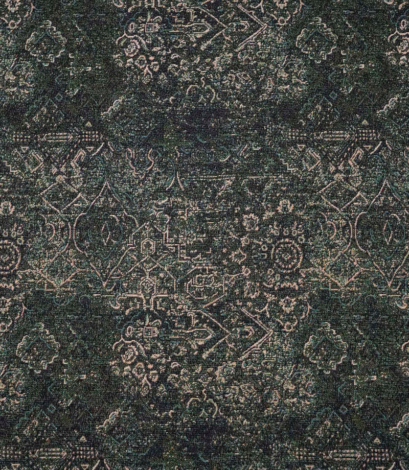 Green Keshan tapestry upholstery fabric with an all-over distressed Persian-style pattern in rich green, black and beige tones.