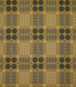 Kinfolk geometric fabric shown flat, with a mustard yellow ground and repeating charcoal, grey and cream woven motifs arranged in a structured pattern.