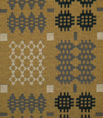 Close-up of Kinfolk fabric showing its textured weave and Scandi-inspired geometric design in charcoal, grey and cream against a mustard yellow ground.