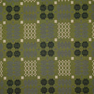 Kinfolk geometric fabric shown flat, with an olive green ground and repeating black, grey and cream woven-style motifs arranged in a structured pattern.