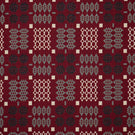 Kinfolk geometric fabric shown flat, featuring a rich red ground with repeating black, soft grey and cream woven-style motifs in a structured pattern.