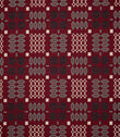 Kinfolk geometric fabric shown flat, featuring a rich red ground with repeating black, soft grey and cream woven-style motifs in a structured pattern.