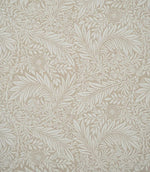 Larkspur Linen Look fabric shown flat, with an intricate cream and soft beige floral and foliage pattern covering the full design.