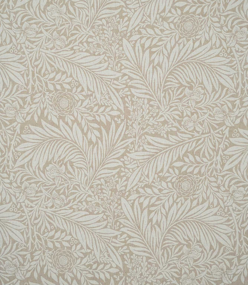 Larkspur Linen Look fabric shown flat, with an intricate cream and soft beige floral and foliage pattern covering the full design.