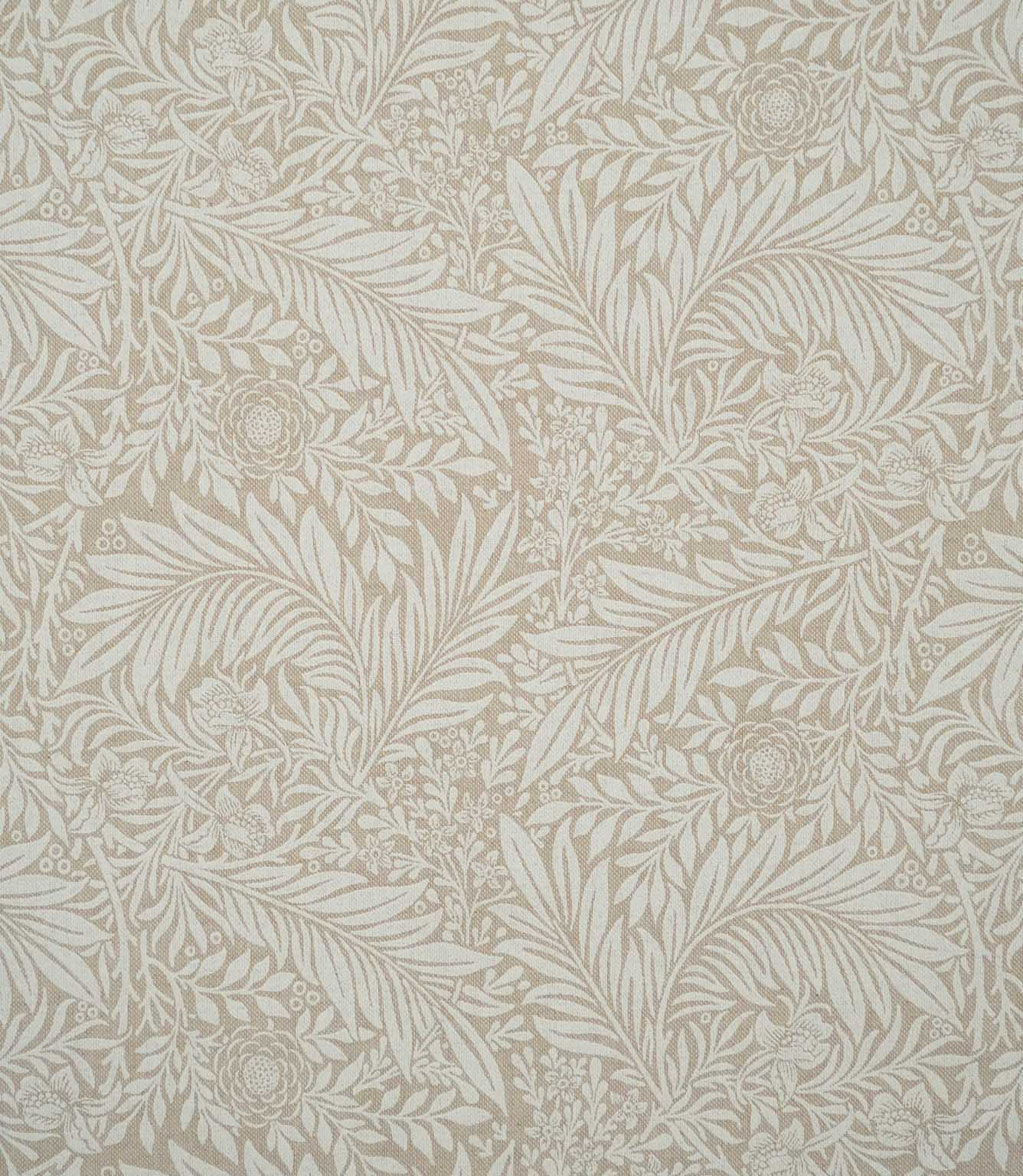 Larkspur Linen Look fabric shown flat, with an intricate cream and soft beige floral and foliage pattern covering the full design.