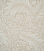 Close-up of Larkspur Linen Look fabric showing its textured weave and detailed cream botanical pattern of leaves, flowers and foliage on soft beige.