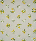 Lemon Grove Natural fabric featuring a repeating botanical print of bright yellow lemons, green leaves and delicate white citrus blossoms scattered across a natural beige woven background.