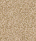 Manorville Dune floral fabric featuring an intricate repeating botanical pattern of delicate cream flowers, intertwining leafy vines and trailing foliage against a warm sandy beige background.