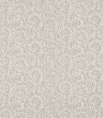 Manorville Gull floral fabric featuring an intricate repeating design of delicate ivory flowers, winding leafy stems and foliage against a soft, warm grey-beige background.