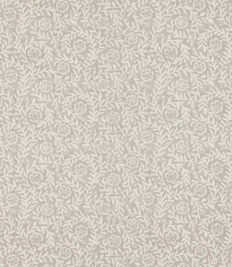 Manorville Gull floral fabric featuring an intricate repeating design of delicate ivory flowers, winding leafy stems and foliage against a soft, warm grey-beige background.