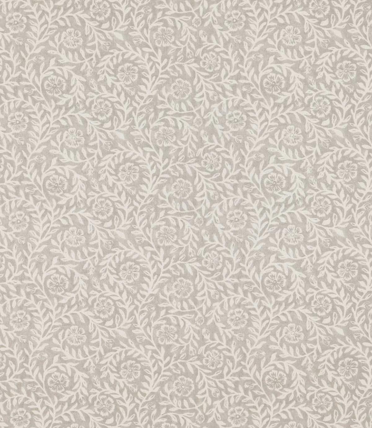 Manorville Gull floral fabric featuring an intricate repeating design of delicate ivory flowers, winding leafy stems and foliage against a soft, warm grey-beige background.