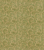 Manorville Kelp floral fabric featuring an intricate repeating botanical print of delicate beige flowers, trailing leafy branches and winding stems against a muted moss green background with subtle tonal texture.