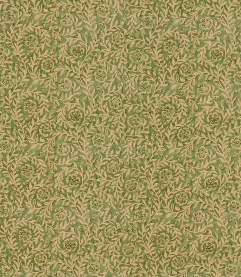 Manorville Kelp floral fabric featuring an intricate repeating botanical print of delicate beige flowers, trailing leafy branches and winding stems against a muted moss green background with subtle tonal texture.