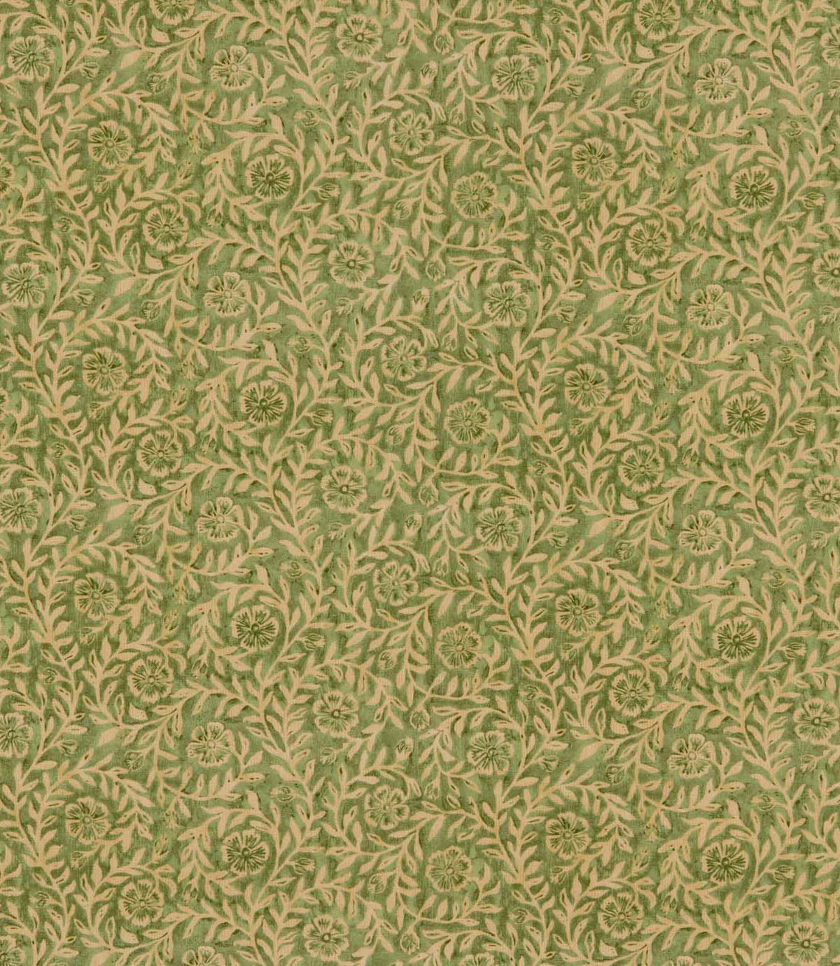 Manorville Kelp floral fabric featuring an intricate repeating botanical print of delicate beige flowers, trailing leafy branches and winding stems against a muted moss green background with subtle tonal texture.