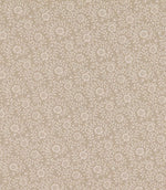 Marion Quaker fabric featuring an intricate ivory floral embroidery design with delicate scrolling vines, leaves and flowers on a soft beige background.